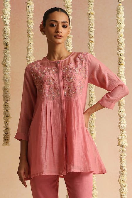 Shop_Beige_Pink Beads, Sequins Round Neck Floral Embroidered Top With Pant _Online_at_Aza_Fashions