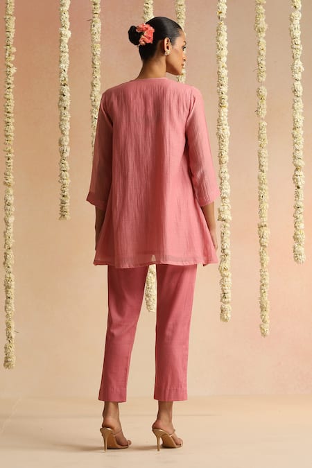 Beige Floral Embroidered Top With Pant 