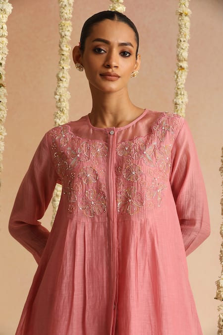 Beige_Pink Beads, Sequins Round Neck Floral Embroidered Top With Pant _at_Aza_Fashions
