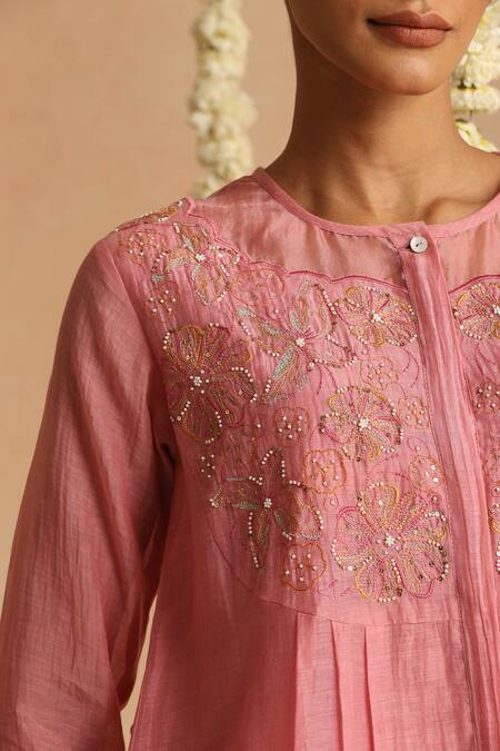 Buy_Beige_Pink Beads, Sequins Round Neck Floral Embroidered Top With Pant 