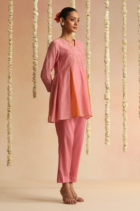 Buy_Beige_Pink Cotton Satin Beads, Sequins Round Neck Neckline Embroidered Top With Pant _Online_at_Aza_Fashions