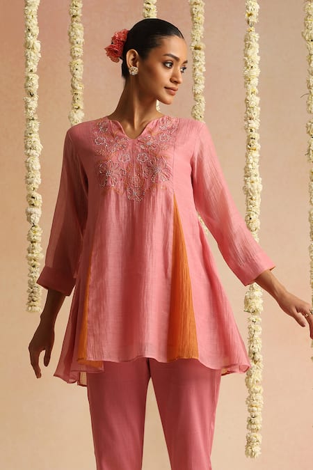 Shop_Beige_Pink Cotton Satin Beads, Sequins Round Neck Neckline Embroidered Top With Pant _Online_at_Aza_Fashions
