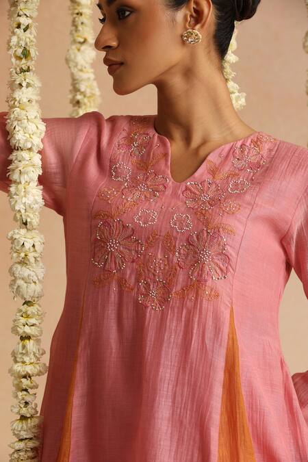Beige Pink Cotton Satin Beads, Sequins Round Neck Neckline Embroidered Top With Pant at Aza Fashions Beige_Pink Cotton Satin Beads, Sequins Round Neck Neckline Embroidered Top With Pant _at_Aza_Fashions