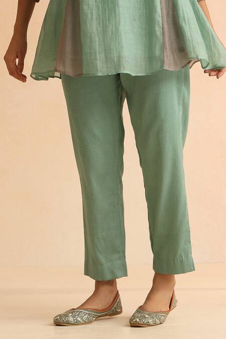 Beige_Green Beads, Sequins Round Neck Placement Embroidered Top With Pant _Online_at_Aza_Fashions