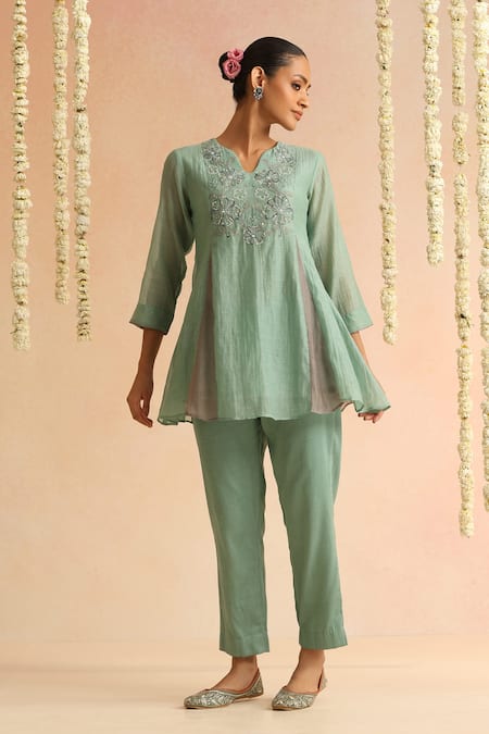 Beige Green Beads, Sequins Round Neck Placement Embroidered Top With Pant