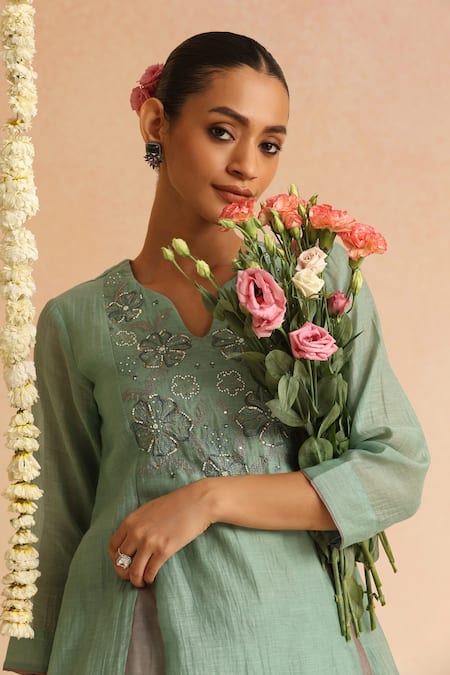 Buy_Beige_Green Beads, Sequins Round Neck Placement Embroidered Top With Pant _Online_at_Aza_Fashions