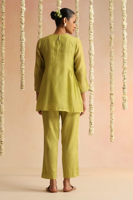 Beige Placket Embroidered Top With Pant 