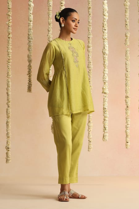 Beige_Lime Cotton Satin Beads, Sequins Round Neck Placket Embroidered Top With Pant _Online_at_Aza_Fashions