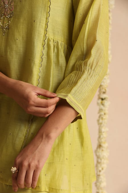 Shop_Beige_Lime Cotton Satin Beads, Sequins Round Neck Placket Embroidered Top With Pant _Online_at_Aza_Fashions