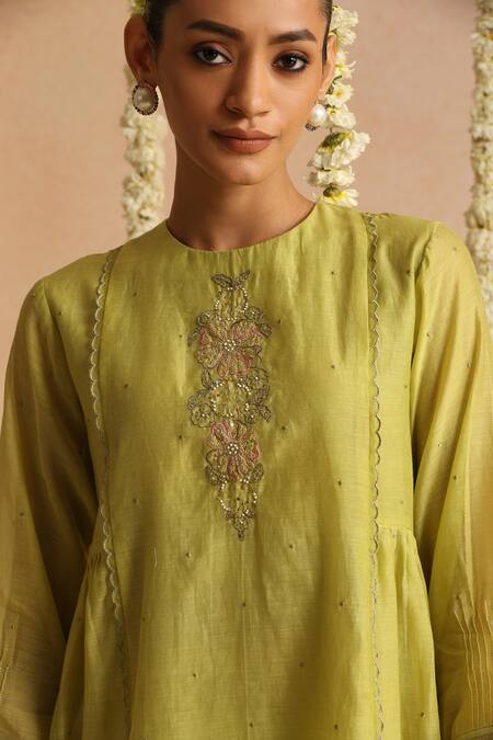 Beige_Lime Cotton Satin Beads, Sequins Round Neck Placket Embroidered Top With Pant _at_Aza_Fashions