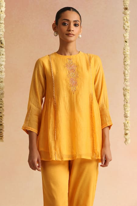 Beige_Orange Beads, Sequins Round Neck Embroidered Top And Pant Set _Online_at_Aza_Fashions