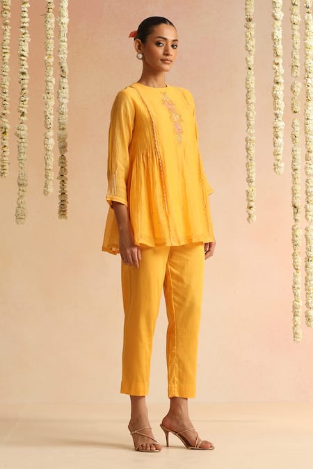 Buy_Beige_Orange Beads, Sequins Round Neck Embroidered Top And Pant Set _Online_at_Aza_Fashions