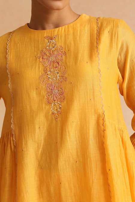 Shop_Beige_Orange Beads, Sequins Round Neck Embroidered Top And Pant Set _Online_at_Aza_Fashions