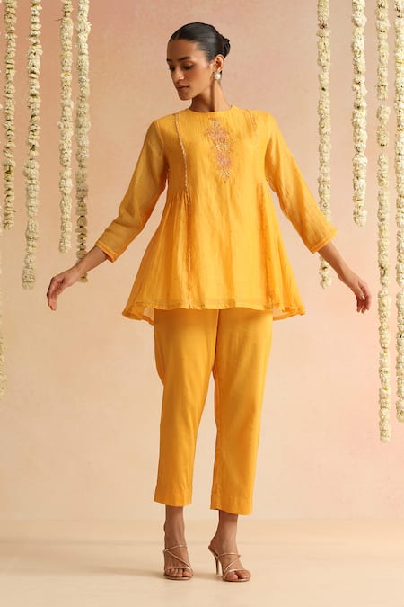 Beige_Orange Beads, Sequins Round Neck Embroidered Top And Pant Set _at_Aza_Fashions