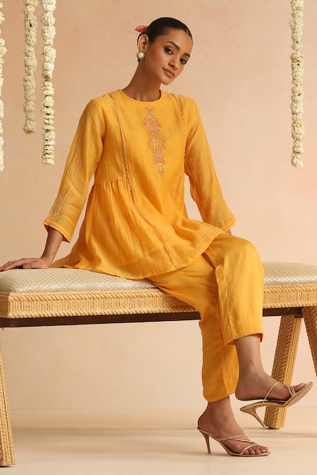 Buy_Beige_Orange Beads, Sequins Round Neck Embroidered Top And Pant Set 