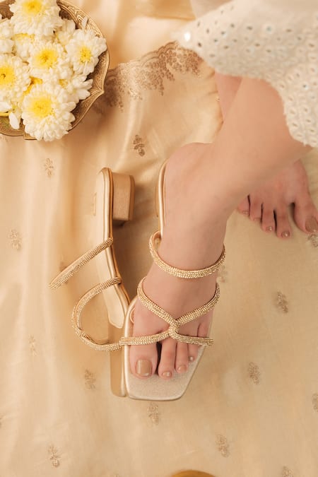 Label Deepti Bajaj_Gold Rhinestones Hour Embellished Heels _at_Aza_Fashions