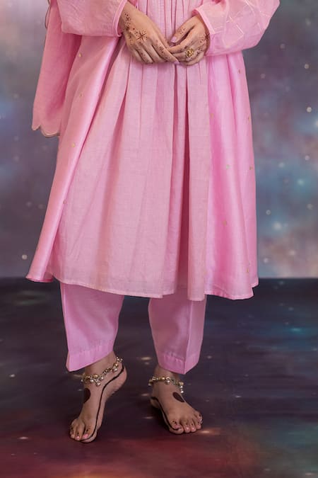 Kacha Tanka_Pink Chanderi Embroidery Notched Neck Zuha A-line Kurta Set _Online_at_Aza_Fashions