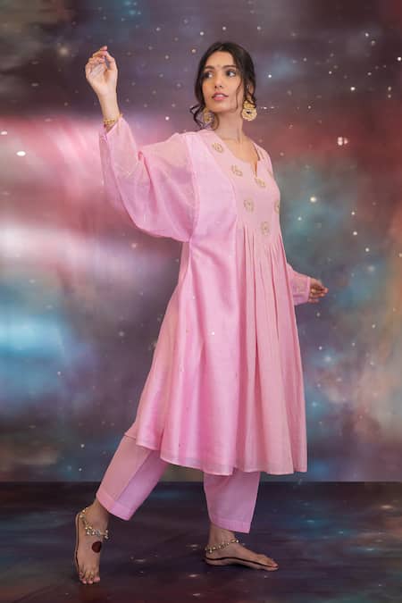 Shop_Kacha Tanka_Pink Chanderi Embroidery Notched Neck Zuha A-line Kurta Set _Online_at_Aza_Fashions
