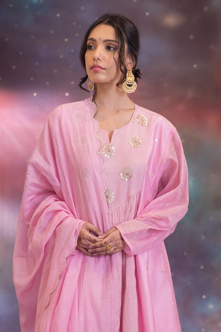 Kacha Tanka_Pink Chanderi Embroidery Notched Neck Zuha A-line Kurta Set _at_Aza_Fashions