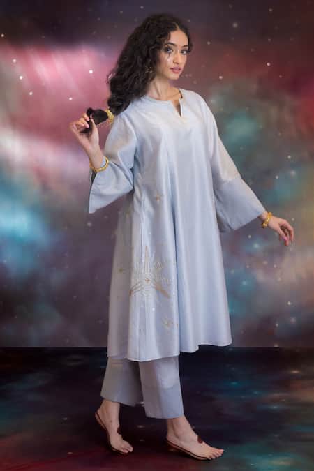 Shop_Kacha Tanka_Blue Chanderi Embroidery Notched Neck Sitara A-line Kurta Set _Online_at_Aza_Fashions