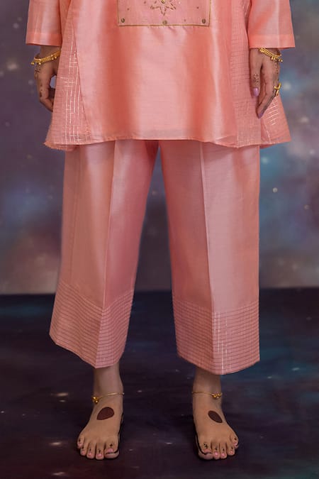 Kacha Tanka_Peach Chanderi Embroidery Round Neck Sidra A-line Kurta With Pyjama _Online_at_Aza_Fashions