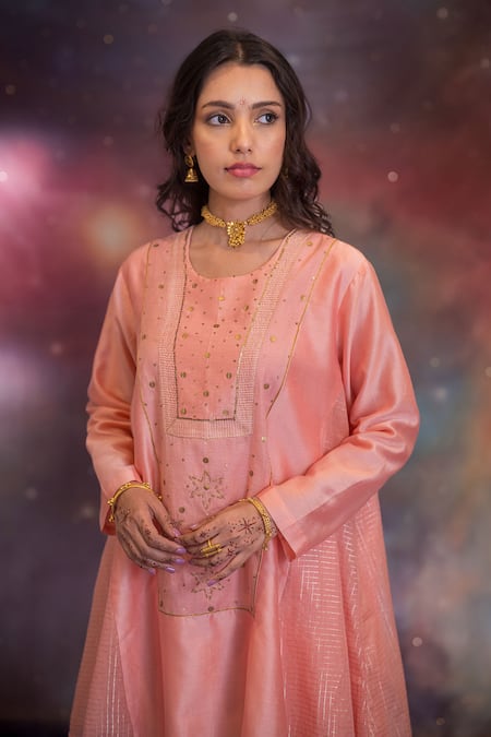 Shop_Kacha Tanka_Peach Chanderi Embroidery Round Neck Sidra A-line Kurta With Pyjama _Online_at_Aza_Fashions