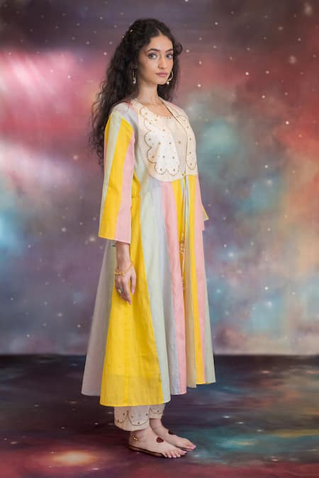 Kacha Tanka_Multi Color Chanderi Embroidery Open , Round Azha Jacket Kurta Set _Online_at_Aza_Fashions