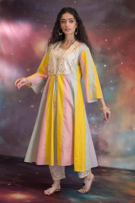 Buy_Kacha Tanka_Multi Color Chanderi Embroidery Open , Round Azha Jacket Kurta Set _Online_at_Aza_Fashions
