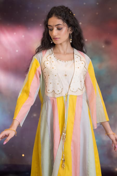 Kacha Tanka_Multi Color Chanderi Embroidery Open , Round Azha Jacket Kurta Set _at_Aza_Fashions