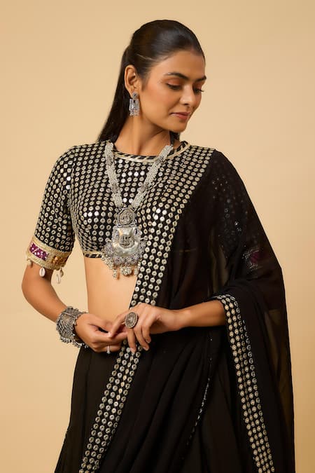 Monk & Mei By Sonia Anand_Black Georgette, Cotton Satin Mirrors, Sequins, Rasika Floral Print Lehenga Set _Online_at_Aza_Fashions