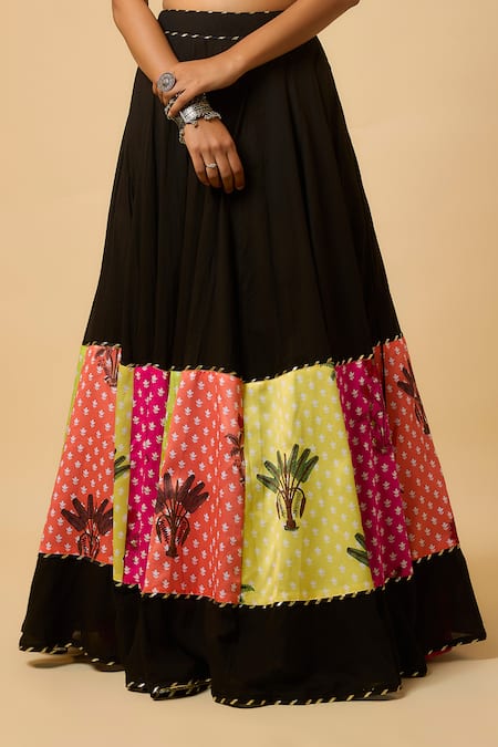 Buy_Monk & Mei By Sonia Anand_Black Georgette, Cotton Satin Mirrors, Sequins, Rasika Floral Print Lehenga Set _Online_at_Aza_Fashions