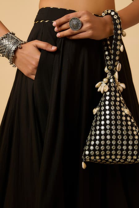 Shop_Monk & Mei By Sonia Anand_Black Georgette, Cotton Satin Mirrors, Sequins, Rasika Floral Print Lehenga Set _Online_at_Aza_Fashions