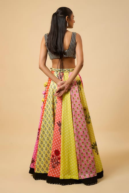 Monk & Mei By Sonia Anand_Multi Color Georgette, Cotton Satin Kamini Floral Print Lehenga Blouse Set _Online_at_Aza_Fashions
