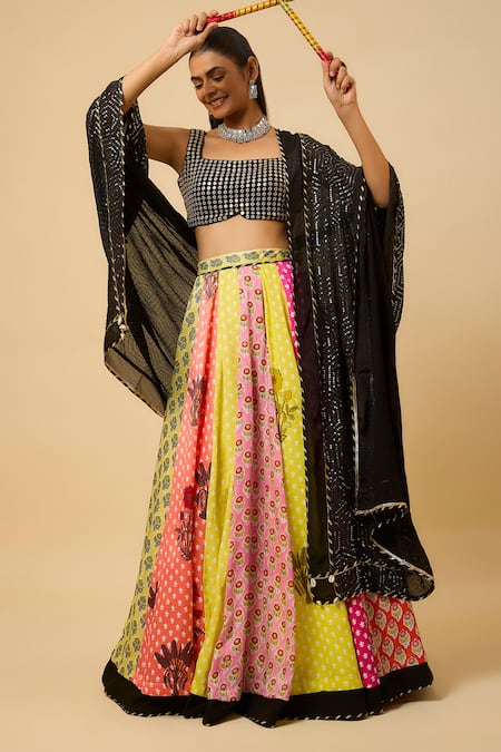 Buy_Monk & Mei By Sonia Anand_Multi Color Georgette, Cotton Satin Kamini Floral Print Lehenga Blouse Set _Online_at_Aza_Fashions