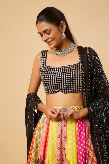 Shop_Monk & Mei By Sonia Anand_Multi Color Georgette, Cotton Satin Kamini Floral Print Lehenga Blouse Set _Online_at_Aza_Fashions