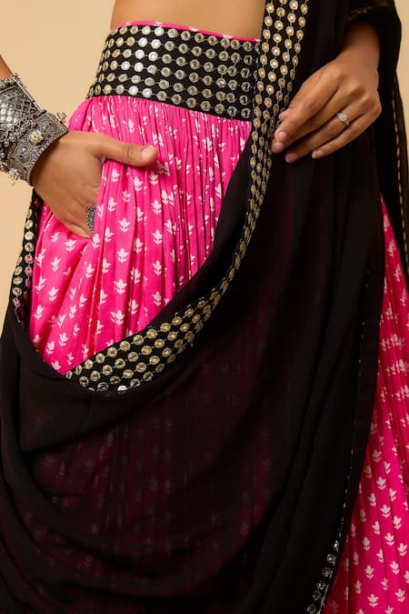 Buy_Monk & Mei By Sonia Anand_Pink Georgette, Cotton Satin Sequins Square Urvashi Flower Print Lehenga Set _Online_at_Aza_Fashions