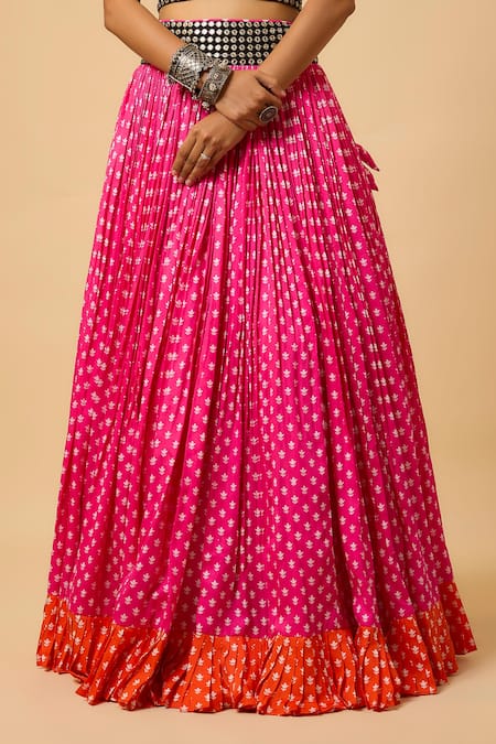 Shop_Monk & Mei By Sonia Anand_Pink Georgette, Cotton Satin Sequins Square Urvashi Flower Print Lehenga Set _Online_at_Aza_Fashions