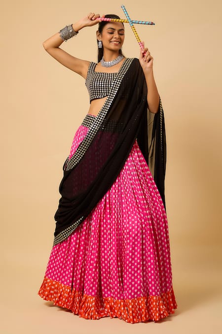 Monk & Mei By Sonia Anand_Pink Georgette, Cotton Satin Sequins Square Urvashi Flower Print Lehenga Set _at_Aza_Fashions