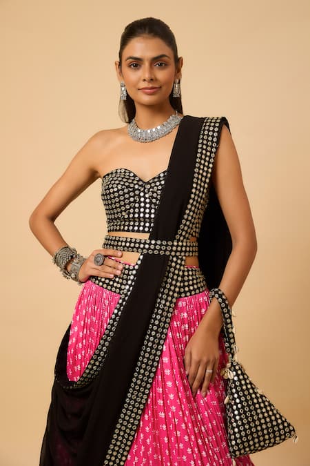 Monk & Mei By Sonia Anand_Multi Color Georgette, Cotton Satin Urvashi Floral Print Lehenga Set With Potli _Online_at_Aza_Fashions