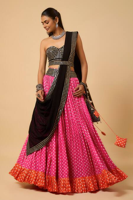 Shop_Monk & Mei By Sonia Anand_Multi Color Georgette, Cotton Satin Urvashi Floral Print Lehenga Set With Potli _Online_at_Aza_Fashions