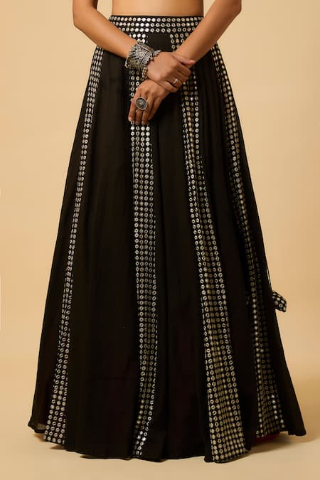 Monk & Mei By Sonia Anand_Black Georgette, Cotton Satin Mirrors Round Neck Laxmi Work Lehenga Set _Online_at_Aza_Fashions