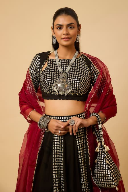 Buy_Monk & Mei By Sonia Anand_Black Georgette, Cotton Satin Mirrors Round Neck Laxmi Work Lehenga Set _Online_at_Aza_Fashions