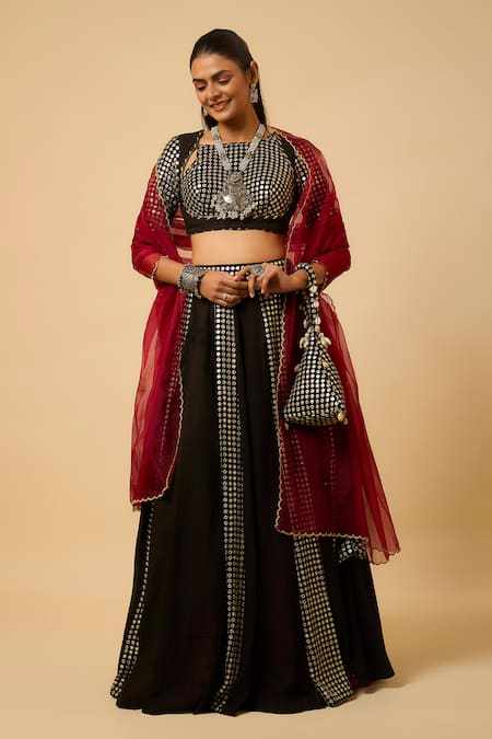 Monk & Mei By Sonia Anand Black Georgette, Cotton Satin Sequins, Zari Round Laxmi Lehenga Set With Potli 