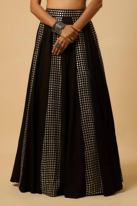 Monk & Mei By Sonia Anand_Black Georgette, Cotton Satin Sequins, Zari Round Laxmi Lehenga Set With Potli _Online_at_Aza_Fashions