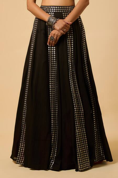 Buy_Monk & Mei By Sonia Anand_Black Georgette, Cotton Satin Sequins, Zari Round Laxmi Lehenga Set With Potli _Online_at_Aza_Fashions