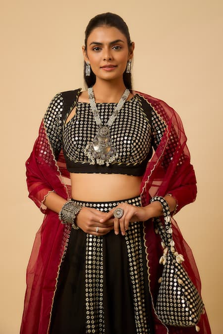 Shop_Monk & Mei By Sonia Anand_Black Georgette, Cotton Satin Sequins, Zari Round Laxmi Lehenga Set With Potli _Online_at_Aza_Fashions