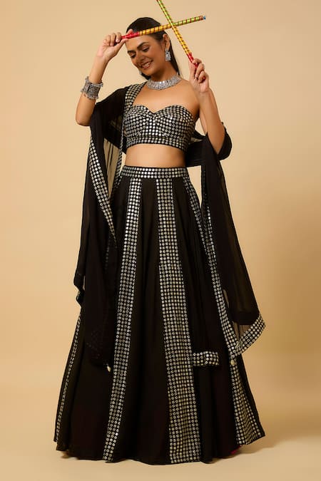 Buy_Monk & Mei By Sonia Anand_Black Georgette, Cotton Satin Mirrors Sweetheart Neck Shree Work Lehenga Set _Online_at_Aza_Fashions