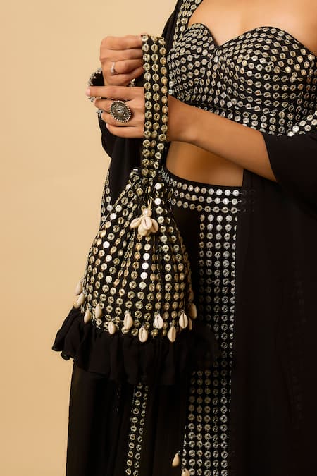 Shop_Monk & Mei By Sonia Anand_Black Georgette, Cotton Satin Mirrors Sweetheart Neck Shree Work Lehenga Set _Online_at_Aza_Fashions