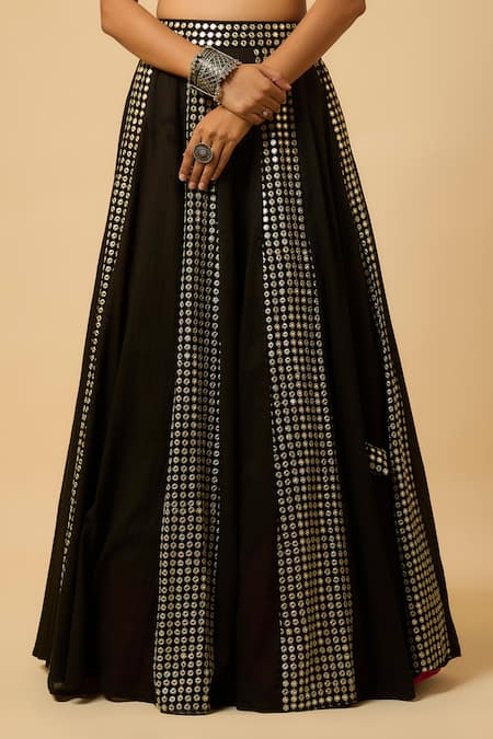 Monk & Mei By Sonia Anand_Black Georgette, Cotton Satin Mirrors Sweetheart Neck Shree Work Lehenga Set _at_Aza_Fashions