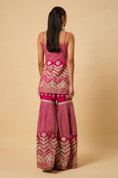 Shop_Monk & Mei By Sonia Anand_Pink Silk Organza Embroidery Square Neck Aishwarya Kurta Sharara Set _at_Aza_Fashions